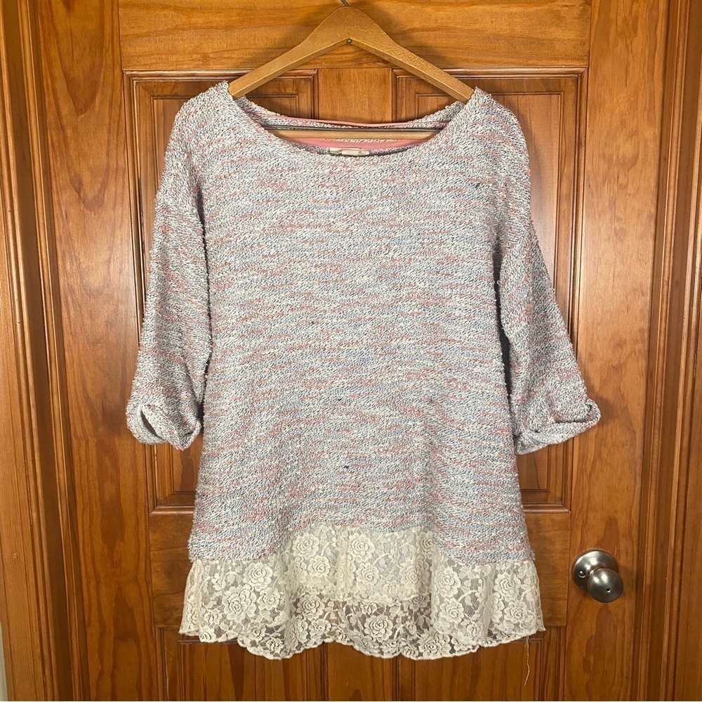 Style & Co. Gray and Pink Knit Tweed Pullover Sweater with Lace Hem